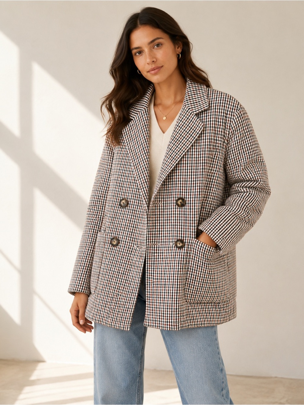 Madewell Padded Plaid Jacket Antique Cream Size Small Double Breasted Quilted